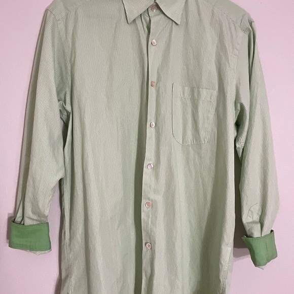 Ermenegildo Zegna Shirt Mens Large Soft Green Striped L/S Button Up Shirt - Picture 4 of 8